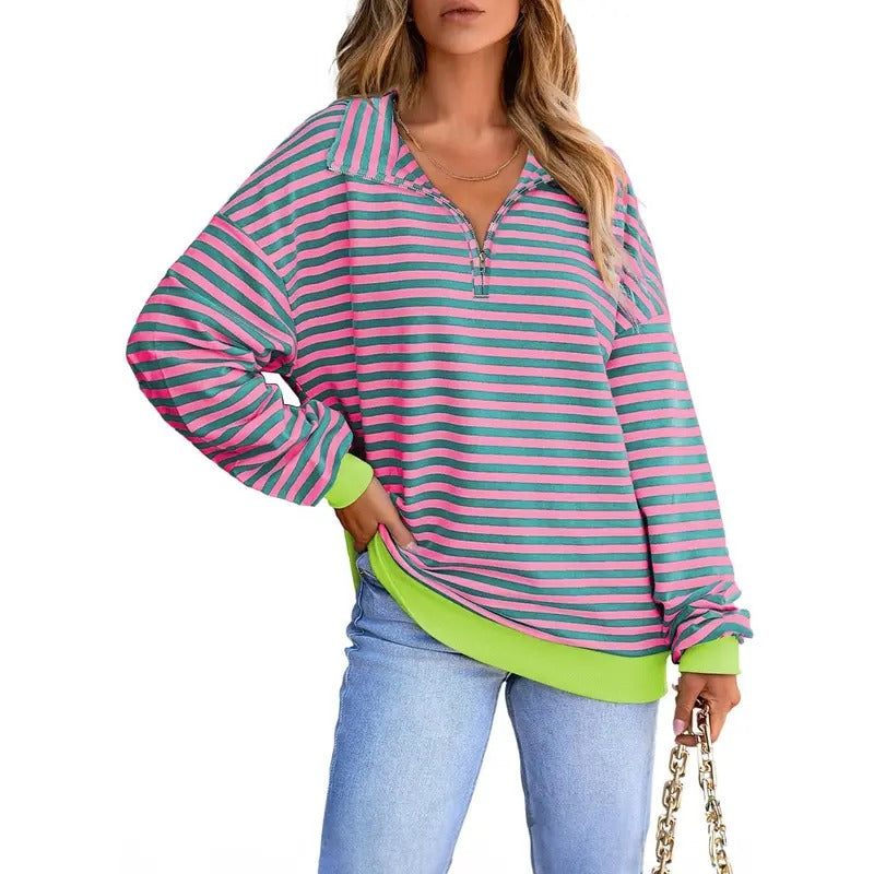 EVALESS Women's Oversized Striped Sweatshirts,Quarter Zip Color Block Long Sleeve Pullover Tops,Loose Fit Casual Cut...