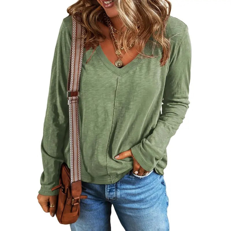EVALESS Womens V Neck Long Sleeve Shirts Basic Solid Lightweight Loose Asymmetrical Design Casual Comfort Shirts Tops...