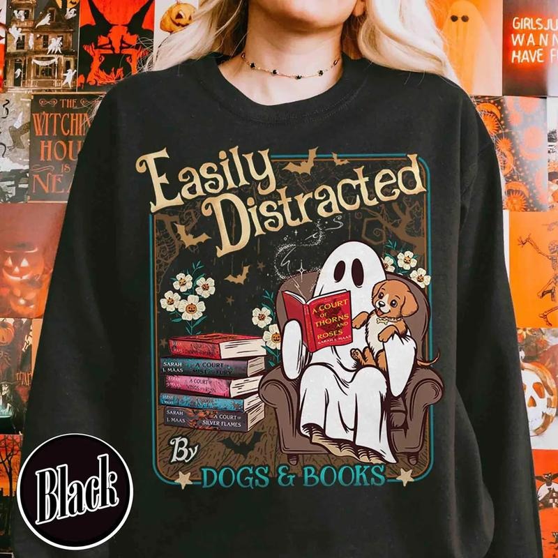 Easily Distracted By Dogs And Books Sweater, Ghost Reading Acotar Sweatshirt, Ghost Book Acotar T-Shirt, Halloween SJM...