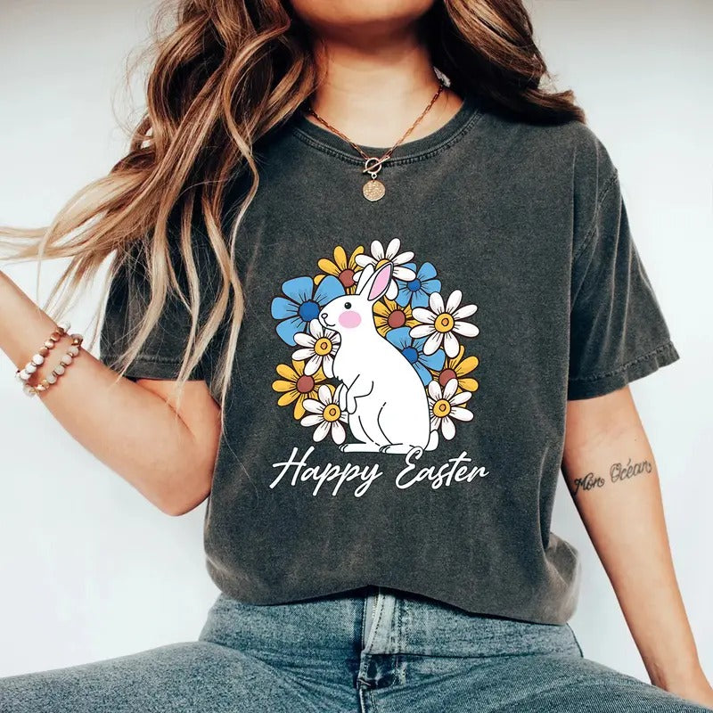 Easter Bunny Shirt | Happy Easter T-shirt | Floral Bunny Shirt for Women | Cute Easter Tee Hoodie, Sweatshirt