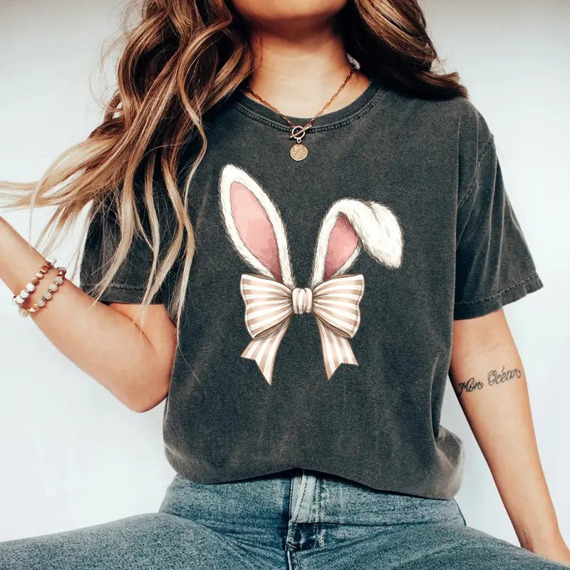 Easter Bunny T-shirt with Coquette Bow, Cute Rabbit Easter Tee for Women, Spring Bunny Shirt Hoodie, Sweatshirt
