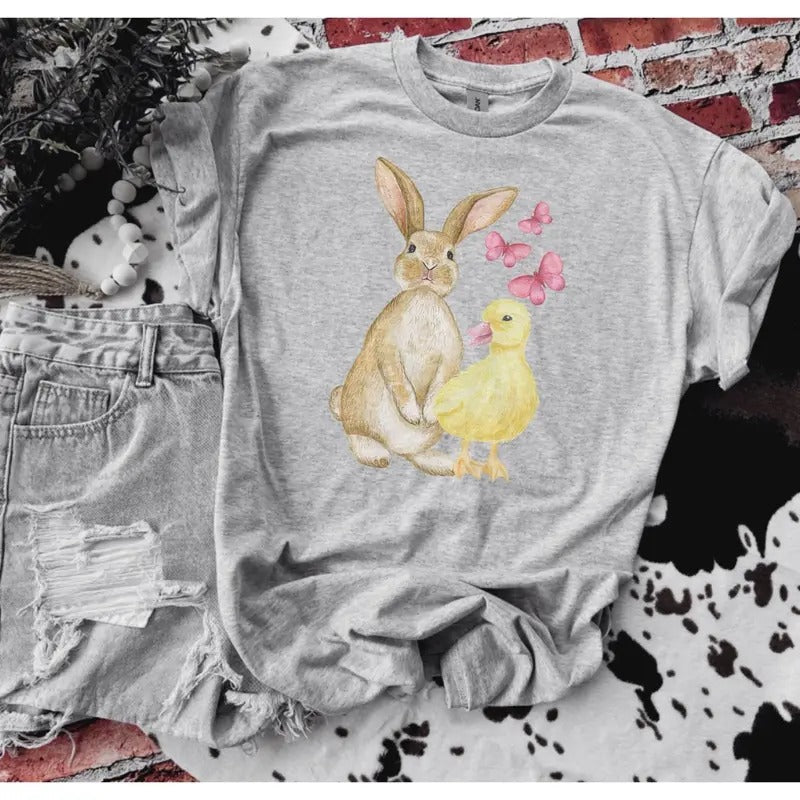Easter Bunny and Duckie Bleached Shirt -  Comfy Unisex Jersey Shirt - Bleached Graphic Tee Design, Random Bleaching,...