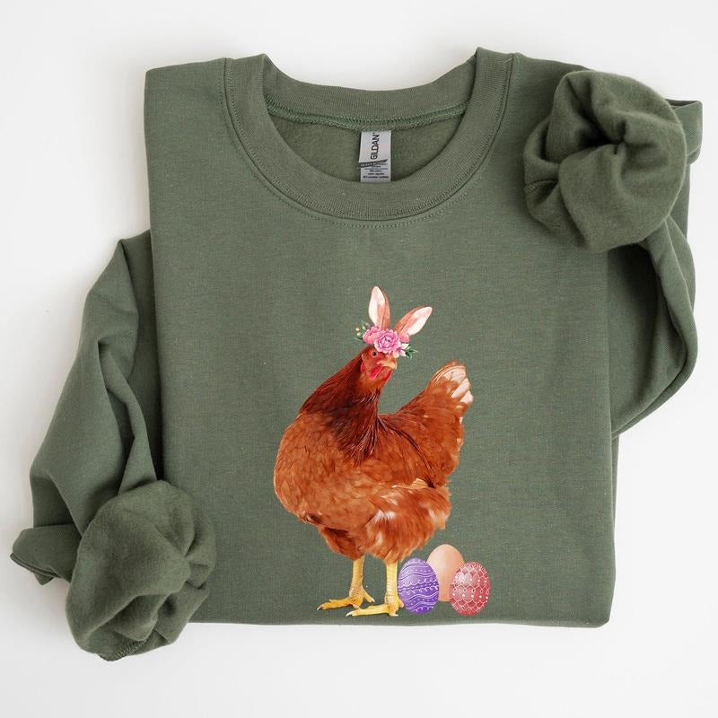 Easter Chicken, Rabbit, Eggs, Funny Sweatshirt, Women's Crew Neck, Crewneck T-Shirts, Hoodie | HypeCrazeTee.com