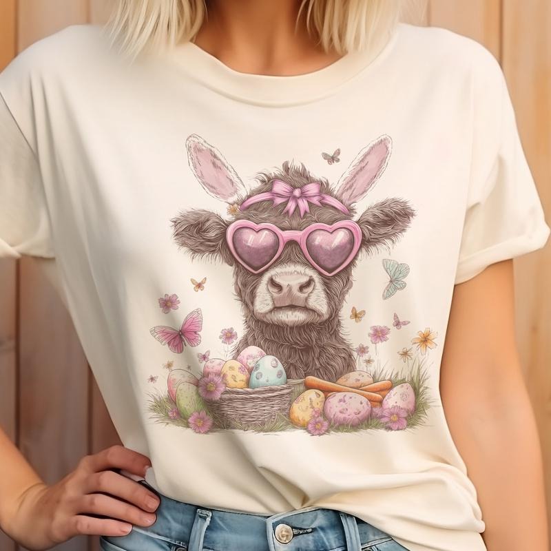Easter Cow Bunny Rabbit Ears Graphic Tee Country Farm Easter Cow Tshirt Casual Womens Holiday Easter Top Hoodie, Sweatshirt