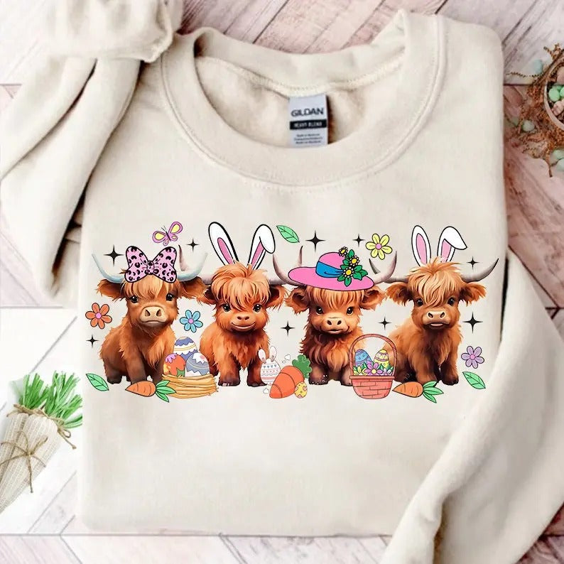 Easter Day Baby Highland Cow Shirt, Retro Easter Shirt, Shamrock shirt, Retro easter tee Hoodie, Sweatshirt