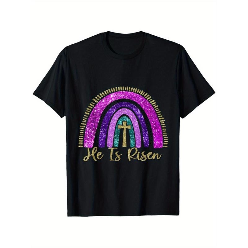 Easter Jesus T-Shirt for Kids - Cotton Crew Neck with Slight Stretch, Casual All-Season Top with "He Is Risen" Rainbow...