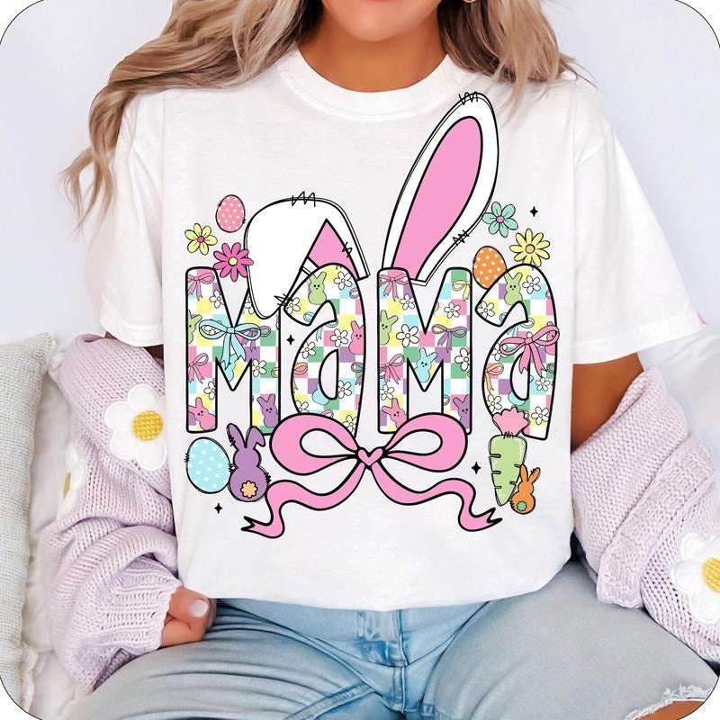Easter Mama Bunny Coquette T-Shirt, Mama Easter T-Shirt, Easter T-Shirt, Coquette Easter T-Shirt, Mama T-Shirt, Easter...
