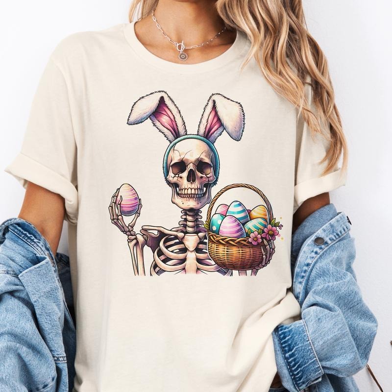 Easter Skeleton Bunny Ears Graphic Tees Rocker Skull Easter Rabbit Tshirt Womens Rocker Holiday Top Casual Easter Shirt...