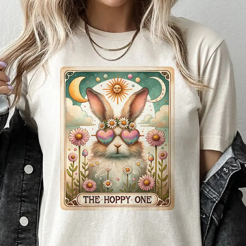Easter Tarot Graphic Tee The Hoppy One Easter Bunny Tarot Tshirt Easter Rabbit Floral Boho T-Shirt Unisex Casual Bunny...