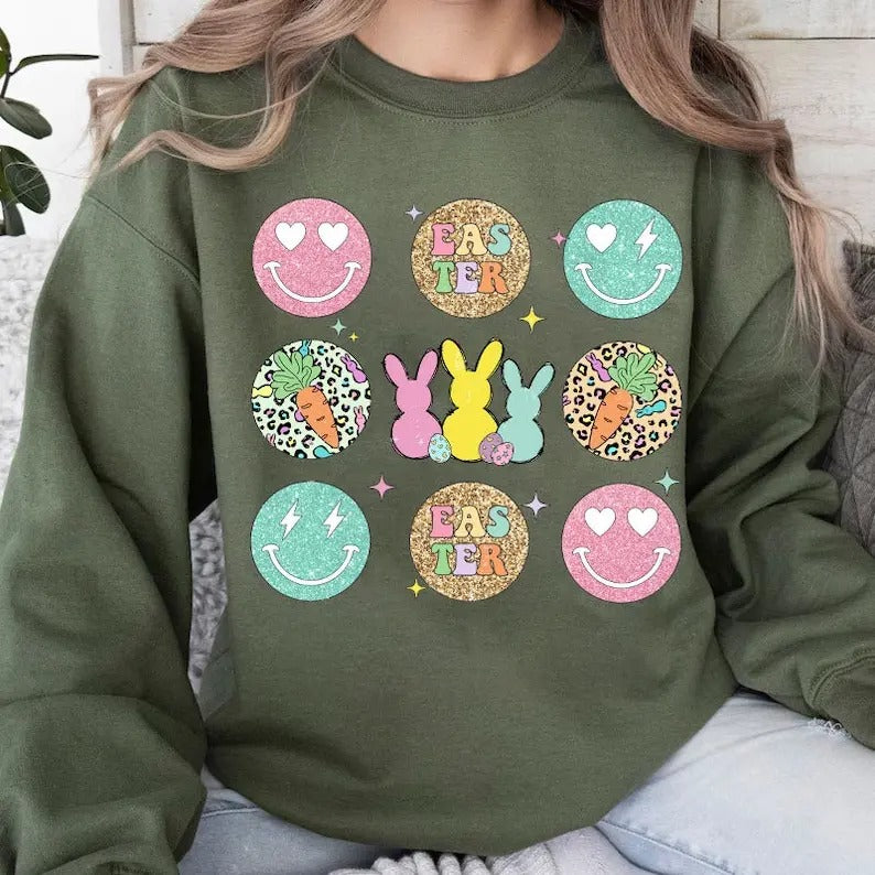 Easter Vibes Retro Shirt, Easter Bunny Tee, Leopard Smiley Bunny Shirt, Happy Easter Sweatshirt, Cute easter Shirt Hoodie