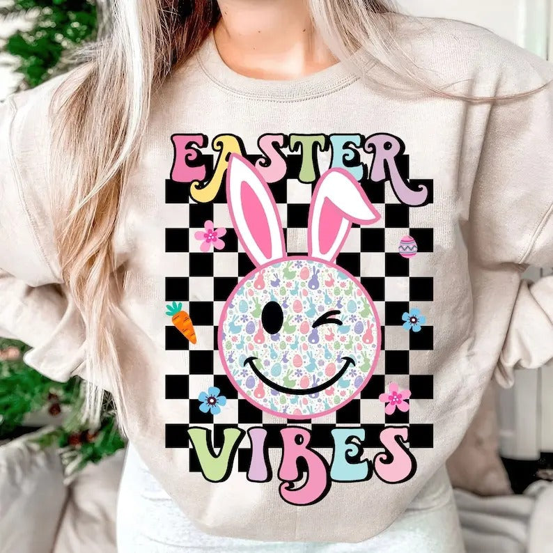Easter Vibes Smiley Face Shirt, Easter Bunny Shirt, Happy Easter Sweatshirt, Leopard Smiley Bunny Shirt, Peeps Shirt,...