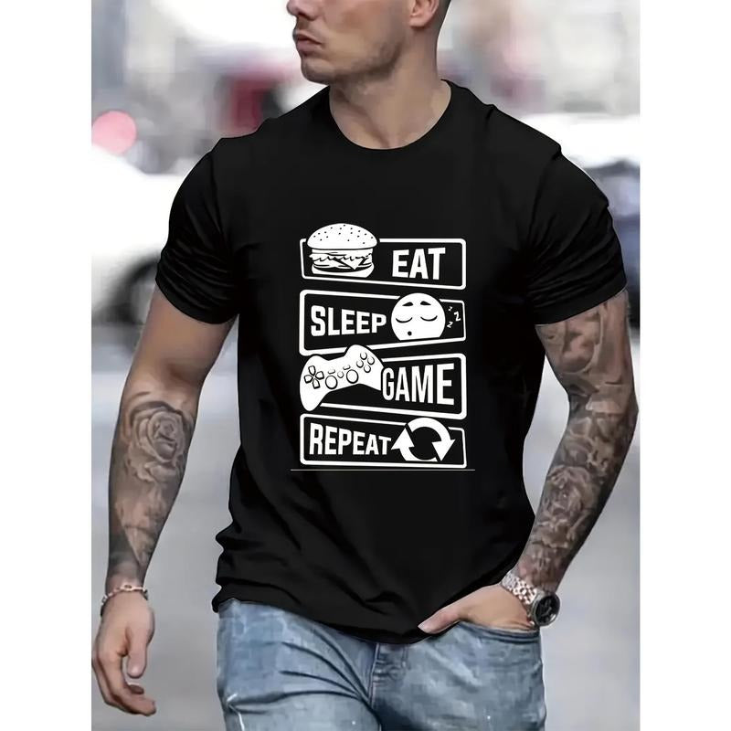 " Eat Sleep Game Repeat "Stylish Print Summer & Spring Tee For Men, Casual Short Sleeve Fashion Style T-Shirt, Sporty New...