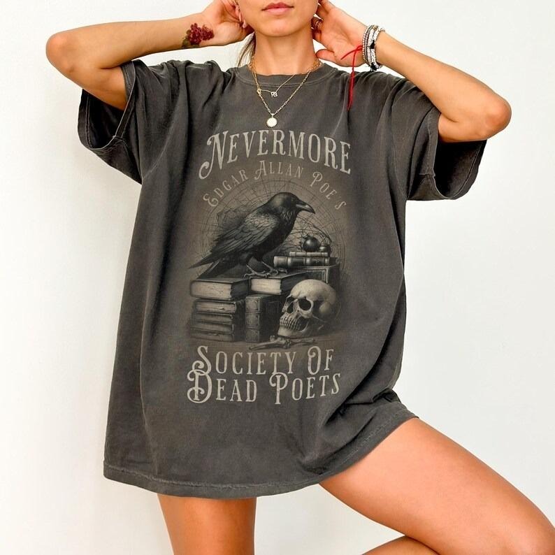Edgar Allan Poe Shirt Reading T Shirt For Men Nevermore Tshirt Dark Academia Romance Reader Raven And Skull Crewneck...