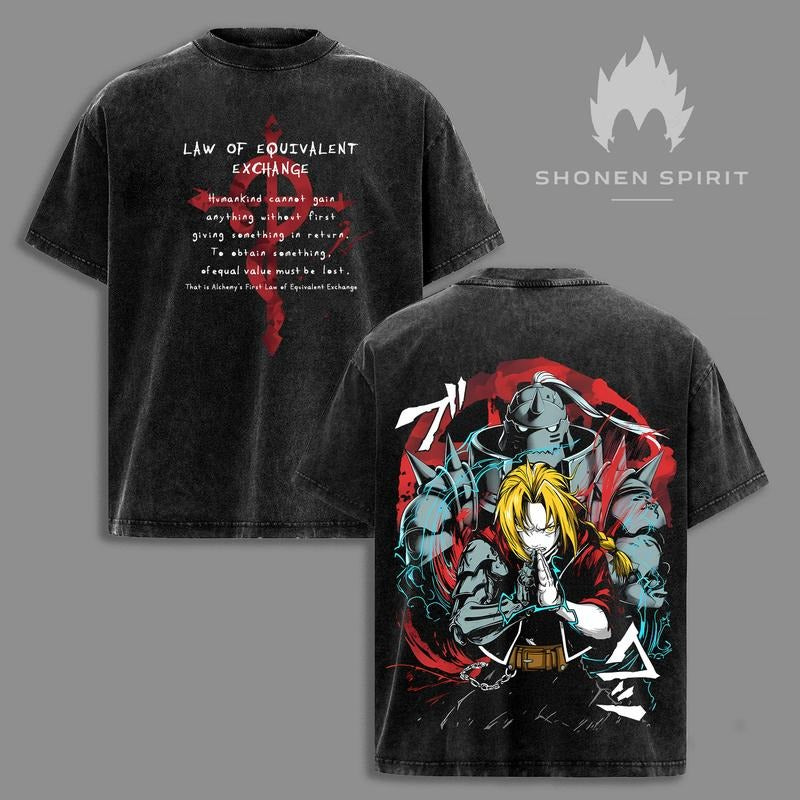 Edward & Alphonse Fullmetal Alchemist Vintage Washed Oversized T-Shirt, Double Printed Heavy Cotton Anime Tee, Manga...