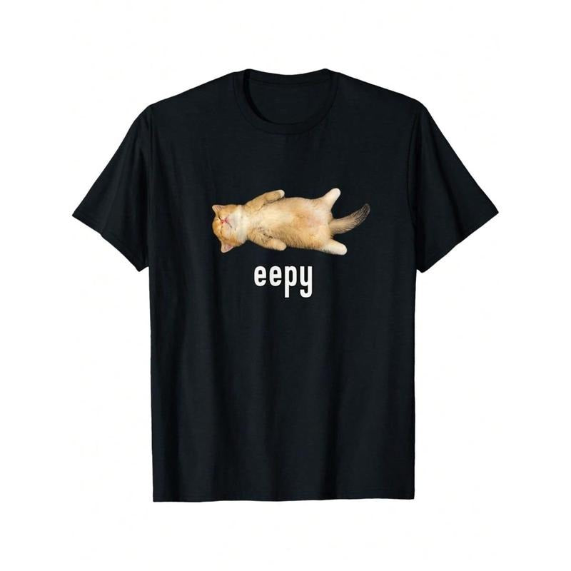 Eepy Cat Silly Sleepy Cat Meme T-Shirt Cotton Fabric Hem Menswear Black Crewneck Short Sleeve Casual Playful Cute Regular...