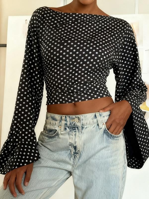 Elegant Polka Dot Round Neck Flare Sleeve T-Shirt with Bow Tie, Casual Fall Winter Basic Top for Women, Stylish Ladies'...