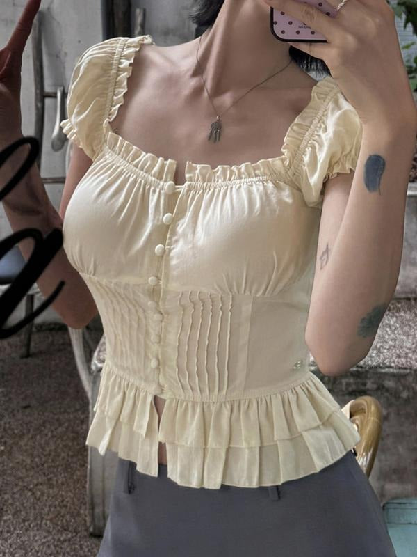 Elegant Ruffle Square Neck Bubble Short Sleeve Shirt, Vintage Y2K Style, Cute Korean Fashion, Spring Summer Women's Top...