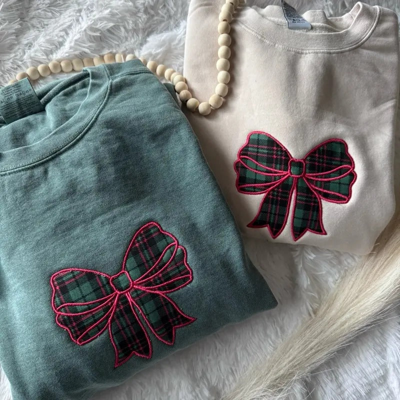 Embroidered Christmas Sweatshirt, Bow Sweatshirt, Christmas Bow Sweatshirt T-Shirts, Hoodie | HypeCrazeTee.com