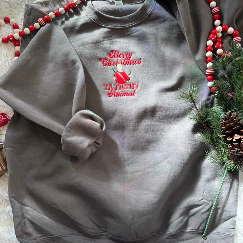Embroidered Christmas Sweatshirt, Christmas Crewneck, Ya Filthy An mal Sweatshirt T-Shirts, Hoodie | HypeCrazeTee.com