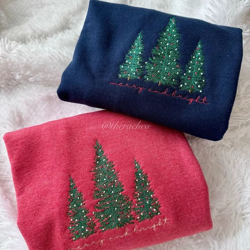 Embroidered Christmas Trees, Merry And Bright, Embroidered Sweatshirt T-Shirts, Hoodie | HypeCrazeTee.com