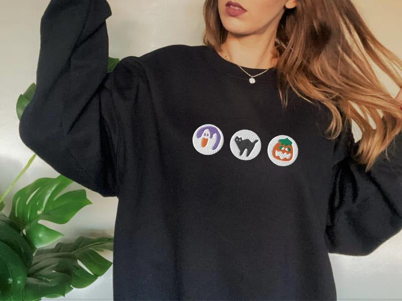 Embroidered Cookies Halloween Sweatshirt, Ghost Pumpkin Tee Shirt, Spooky Season Shirt, Embroidered Halloween Sweater Hoodie