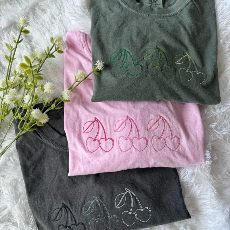 Embroidered Coquette Cherry Tshirt, Embroidered Tshirt Hoodie, Sweatshirt | HypeCrazeTee.com