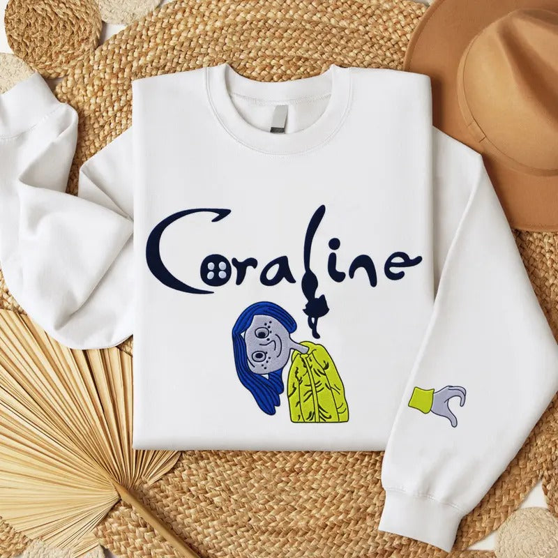 Embroidered Coraline Sweatshirt, Spooky Season Tee, Couple Matching Halloween Embroidery Shirt Gift Hoodie | HypeCrazeTee.com