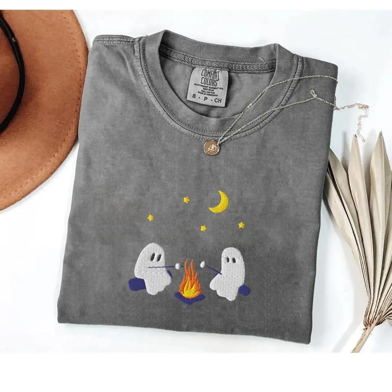 Embroidered Cute Ghosts Camping Embroidered Halloween Ghost Spooky Season Shirt Camping Ghosts Shirt T-Shirts, Hoodie, Sweatshirt
