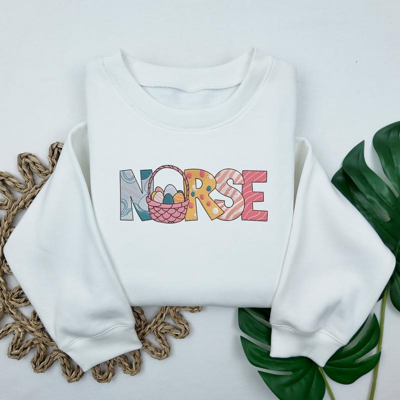 Embroidered Easter Nurse Sweatshirt, Trendy Easter Egg Sweatshirt, Women's Easter Crewneck, Cute Spring Nurse Sweater...
