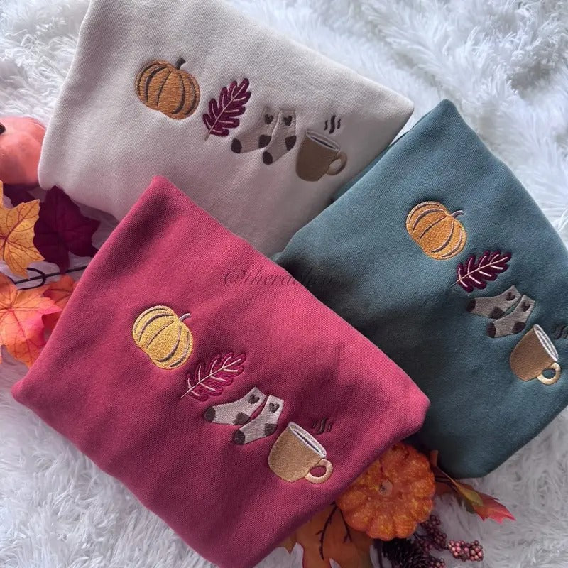 Embroidered Fall Sweatshirt, Fall Icons, Soft Cute Crewneck for Fall T-Shirts, Hoodie | HypeCrazeTee.com