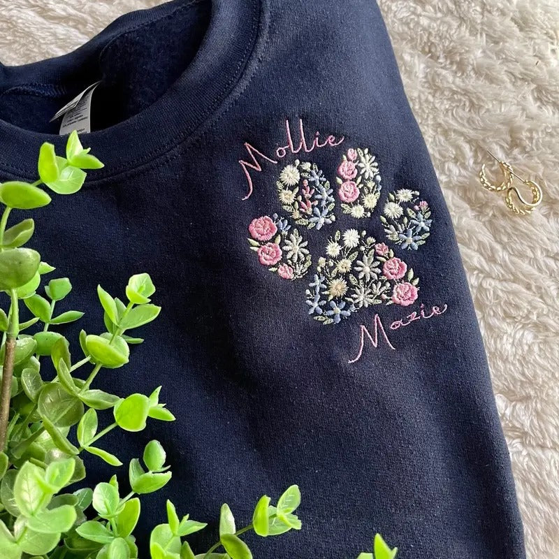 Embroidered Floral Paw Print Sweatshirt - Personalizable T-Shirts, Hoodie | HypeCrazeTee.com