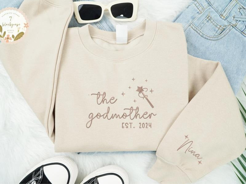 Embroidered Godmother With Kid Names Sweatshirt, God Mother Est Sweatshirt, Godmother Proposal Crewneck T-Shirts, Hoodie