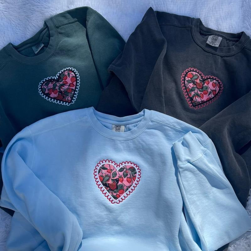 Embroidered Heart Sweatshirt, Scalloped Cute Sweatshirt, Coquette Sweatshirt T-Shirts, Hoodie | HypeCrazeTee.com