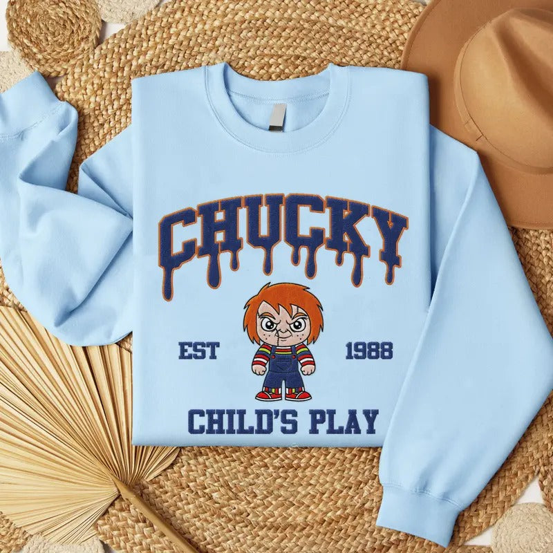 Embroidered Horror Chucky Halloween Sweatshirt, Horror Movie Embroidery Shirt Hoodie | HypeCrazeTee.com