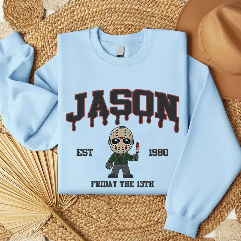 Embroidered Horror Jason Voorhees Halloween Sweatshirt, Horror Movie Embroidery Shirt Hoodie | HypeCrazeTee.com