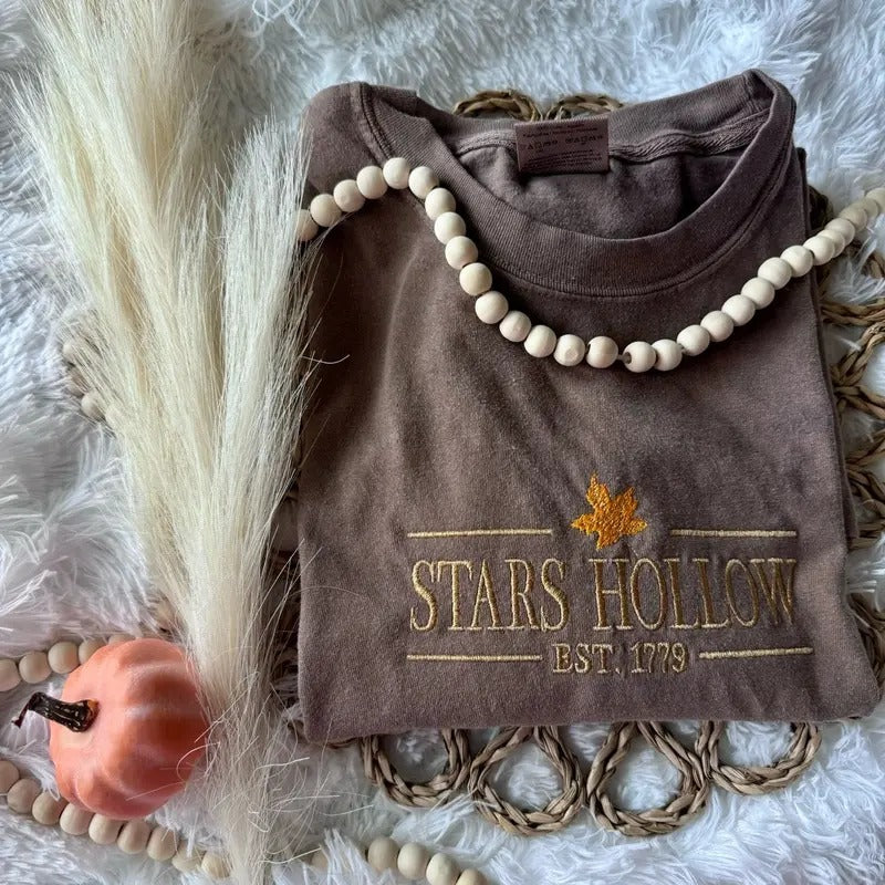 Embroidered Long Sleeve, Cute Embroidered Shirt, Fall Shirt, Stars Hollow Tshirt Hoodie, Sweatshirt | HypeCrazeTee.com