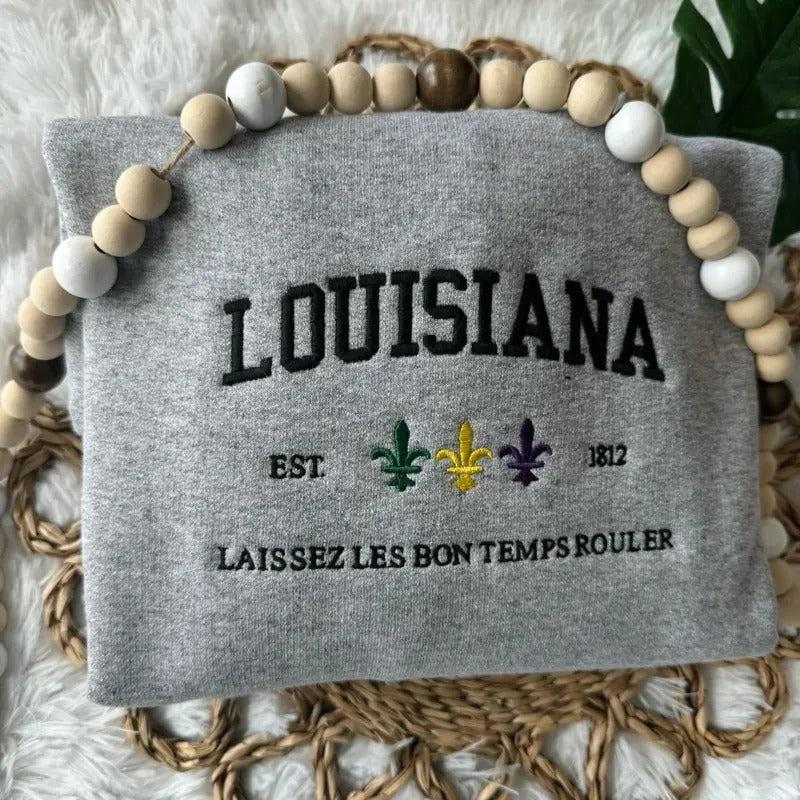 Embroidered Louisiana Sweatshirt, Mardi Gras Pullover, Louisiana Crewneck T-Shirts, Hoodie | HypeCrazeTee.com