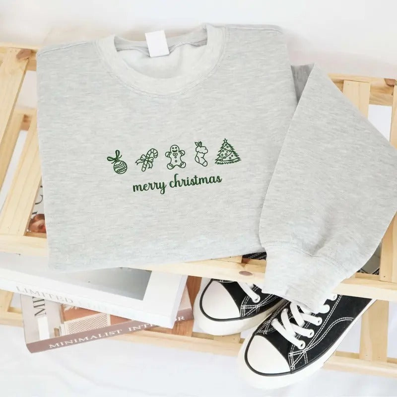 Embroidered Merry Christmas Sweatshirt, Embroidered Christmas Crewneck Sweatshirt, Embroidered Gingerbread Sweater,...