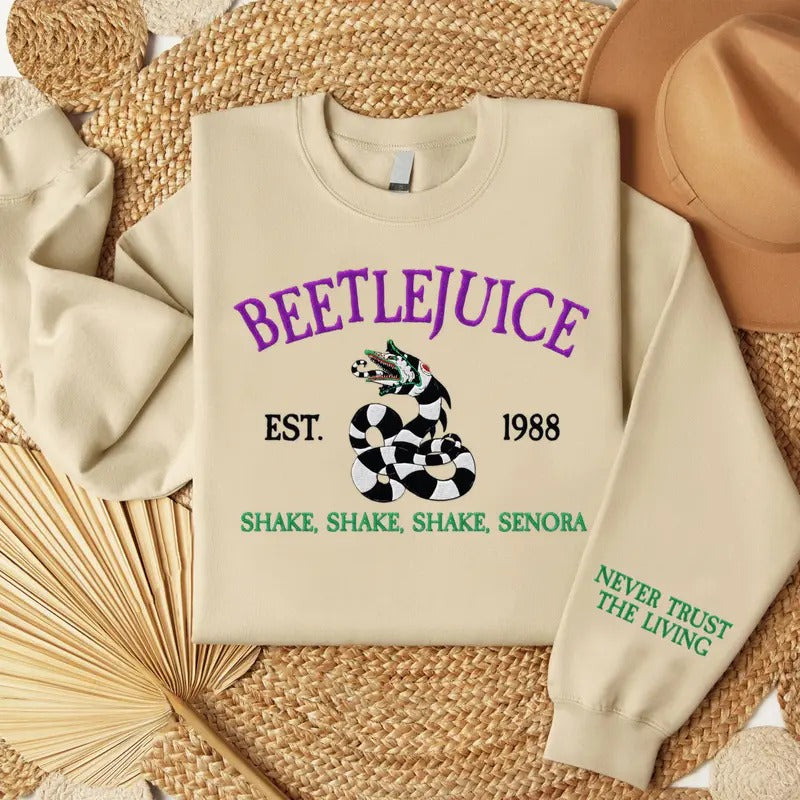 Embroidered Never Trust The Living Sweatshirt, BeetleJuice Halloween Embroidery Sweatshirt T-Shirts, Hoodie