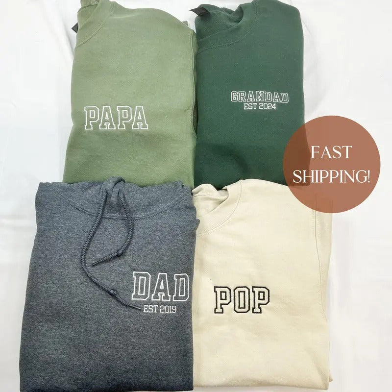 Embroidered Papa Est Sweatshirt, Custom Father Embroidered Gifts, Gift Hoodie For New Dad, Embroidered Custom Grandpa...