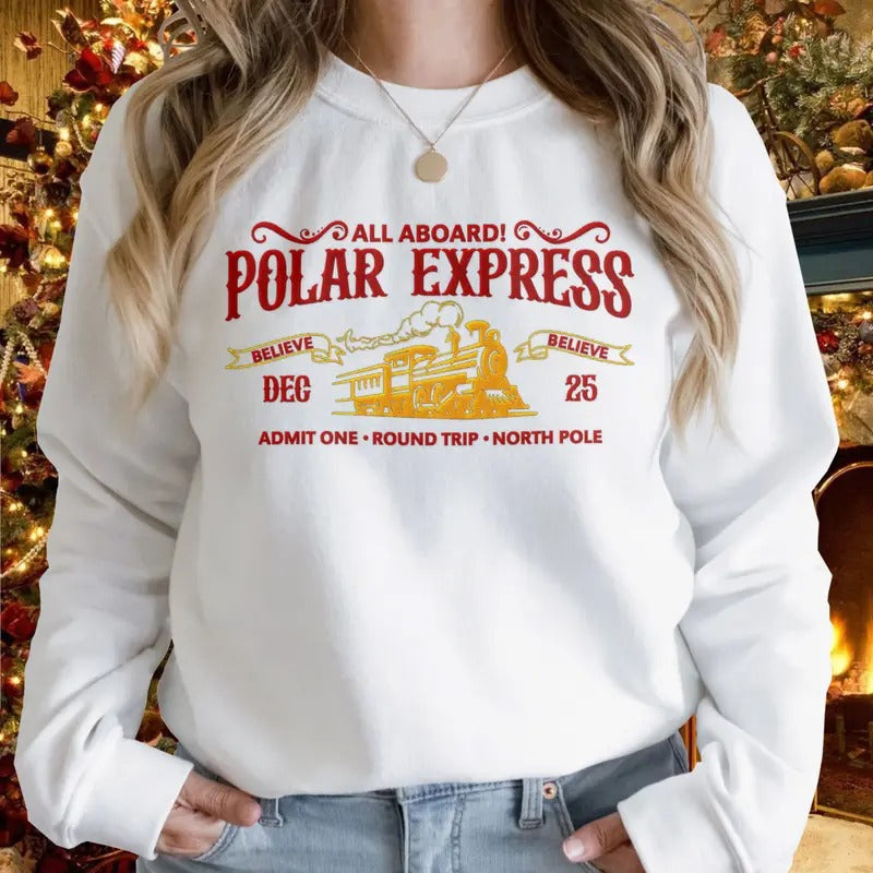 Embroidered Polar Express Sweatshirt, Xmas Crewneck Sweater, Family Christmas Tshirt Hoodie | HypeCrazeTee.com