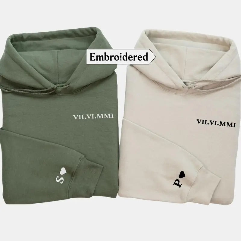 Embroidered Roman numeral hoodie, Personalized Date Roman numeral sweatshirt, Couples matching hoodies, Matching...