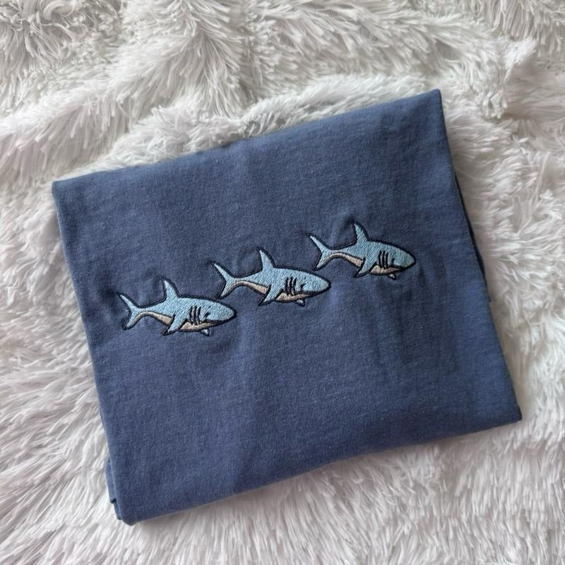 Embroidered Shark Summer Short Sleeve Comfortable Embroidered T-Shirts, Hoodie, Sweatshirt