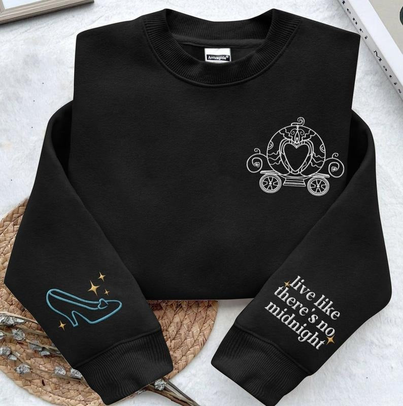 Embroidered Sleeve Cinderella Glass Slipper Pumpkin Carriage Sweatshirt, Live Like There's No Midnight, Princess...