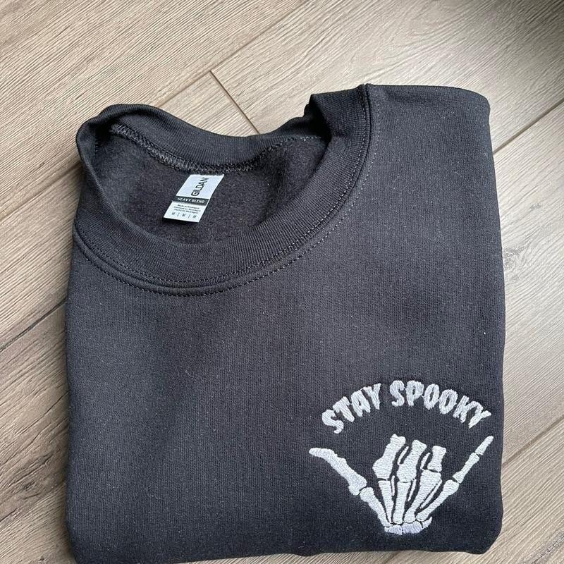 Embroidered Spooky Rock On Sweatshirt, Halloween Sweatshit, Spooky Crewneck T-Shirts, Hoodie | HypeCrazeTee.com