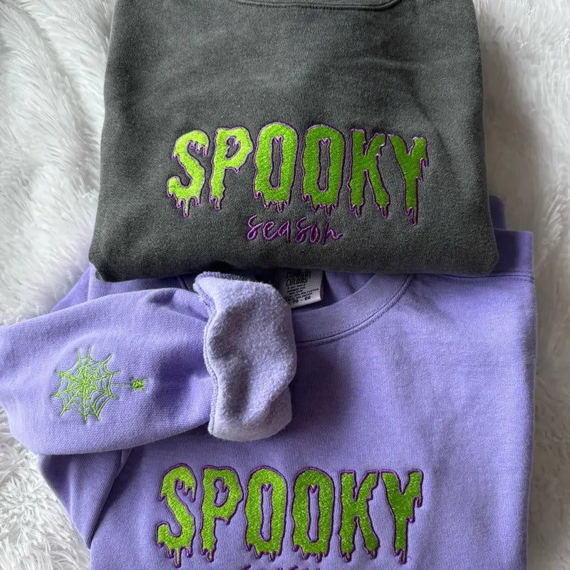 Embroidered Spooky Season LONG SLEEVE SHIRT, Halloween Shirt, Embroidered Sleeve Hoodie, Sweatshirt | HypeCrazeTee.com