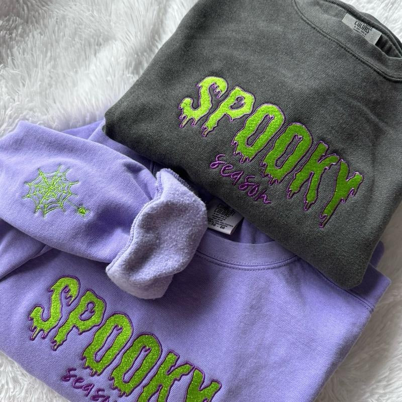 Embroidered Spooky Season Sweatshirt, Halloween Sweatshirt, Embroidered Crewneck T-Shirts, Hoodie | HypeCrazeTee.com
