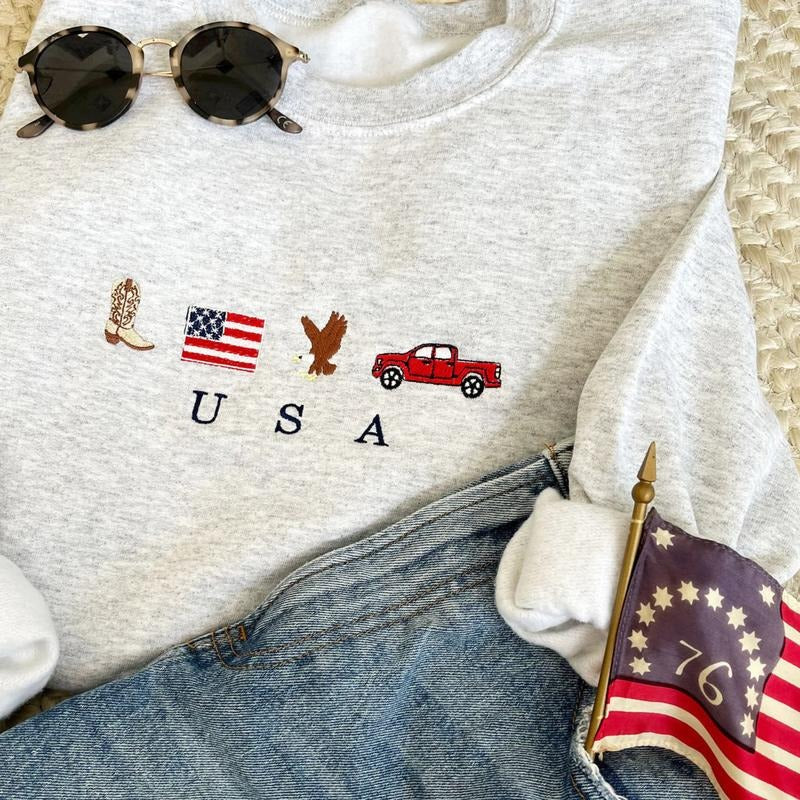 Embroidered USA Symbols Sweatshirt, USA Icons Embroidered T-Shirt, Embroidery American Flag Shirt, Cute 4th Of July Shirt...
