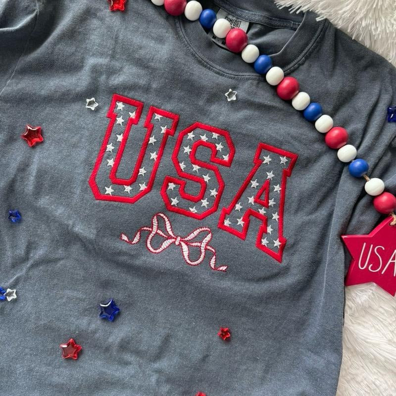 Embroidered USA Tshirt, Coquette Tshirt, Cute Bow Tshirt Hoodie, Sweatshirt | HypeCrazeTee.com