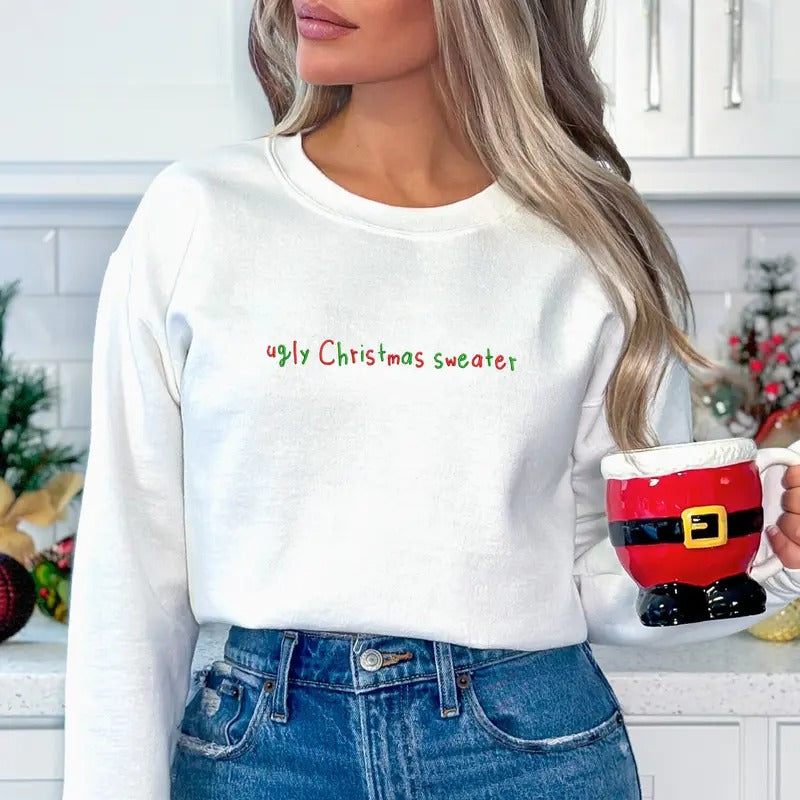 Embroidered Ugly Christmas Sweater, Unisex Long Sleeve Crewneck Sweatshirt, Funny Winter Holiday Season Pullover Sweater,...